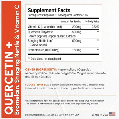 ForestLeaf Quercetin with Bromelain - 1350mg Blend with Vitamin C & Stinging Nettle, Advanced Quercetin 500mg Supplement, Non-GMO Gluten Free, Natural Immune & Respiratory Function 180 Veggie Capsules