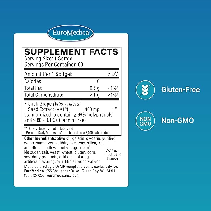 Euromedica Clinical OPC - Cardiovascular Health & Focus Support Supplement - Dietary Supplement with Grape Seed Extract & Sunflower Lecithin - Immune Support Supplement Formula - 60 Softgels