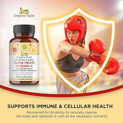 Organic Veda Superfruits Vitamin C Capsule with Acerola Cherry & Amla Berry - Whole Food Natural Vitamin C Supplement with Citrus Bioflavonoids for Immunity, Cellular & Skin Health - 120 Vegan Pills