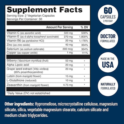 Doctor Formulated AREDS 2 Plus Eye Vitamins with Zeaxanthin Plus Lutein - Bilberry and Grape Seed Extract - Premium Eye Health Formula - 60 Eye Supplement Capsules of VisiVite Gold Plus