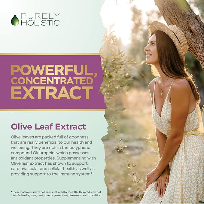 Purely Holistic Olive Leaf Extract 750mg Non-GMO Maximum Strength - 120 Vegan Capsules - 20% Oleuropein - 4 Month Supply - Support Supplement