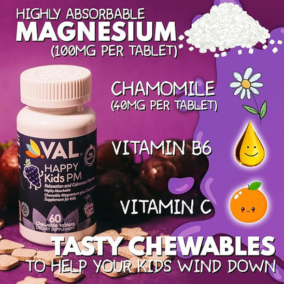 VAL Sugar-Free Calm Magnesium for Kids PM Chewable Tablets | Magnesium Glycinate, Citrate & Taurate | Chamomile & Vitamins B6 & C | Bedtime Support | Non-GMO | Grape Flavor | 60 Count