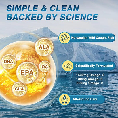 NATURE TARGET Triple Omega 3 6 9, Fish Oil 2400mg Softgels with Vitamin D3 & E - EPA & DHA & ALA - Supports Heart, Brain, Joint & Immune Health, Sustainably Sourced, Non-GMO
