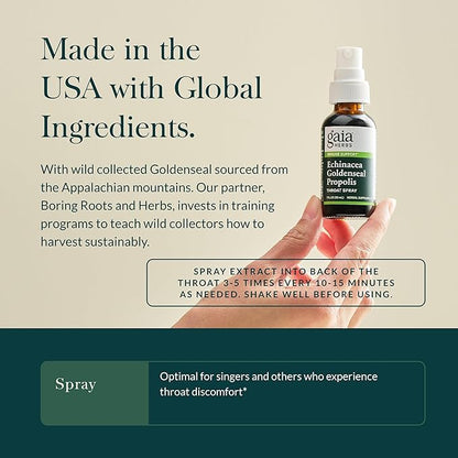 Gaia Herbs Echinacea Goldenseal Propolis Throat Spray - for Immune Support & Throat Health - with Licorice Root, Thyme, Echinacea, Peppermint & Oregon Grape - Organic 1 Fl Oz Spray Bottle