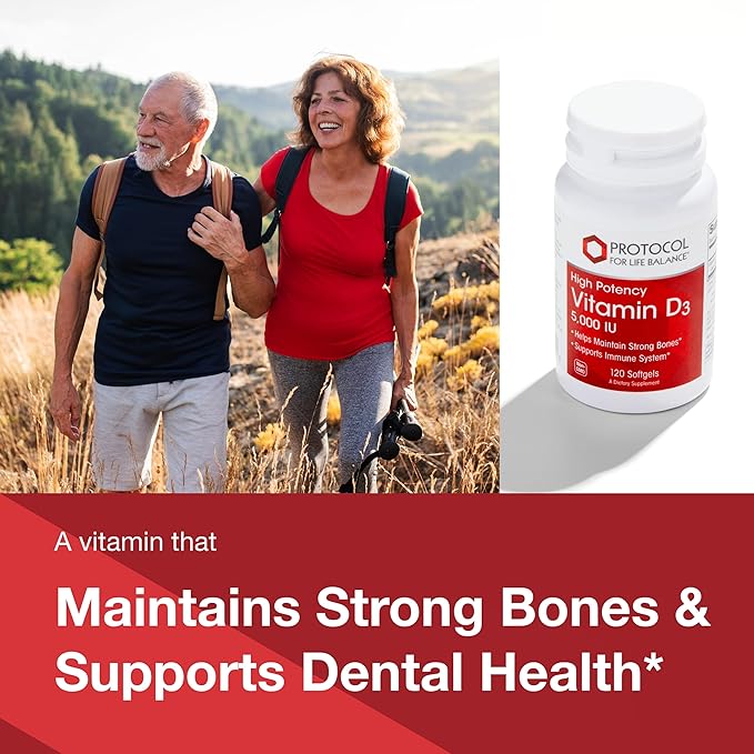 PROTOCOL FOR LIFE BALANCE - Vitamin D3 5000 IU (High Potency) Supports Calcium Absorption, Bone and Dental Health, Immune System Function, Nervous System, and Cognitive Function - 120 Softgels