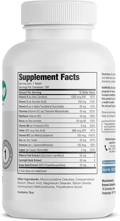 Bronson ONE Daily Vision Complete Eye Health Support Multivitamin Multimineral Supplement Formula, 180 Tablets