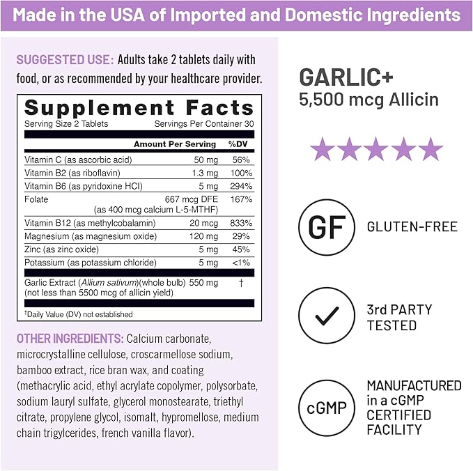 NatureWise Garlic Extract Supplement - Healthy Cholesterol & Blood Pressure Formula + B Vitamins, C, 5500mcg Allicin - Vegan Tablets w/Enteric Coating, Non-GMO, Gluten-Free, 60 Count [30-Day Supply]