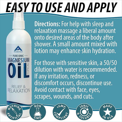Anderson Magnesium Oil Spray for Relief and Relaxation | 12oz Bottle | Topical Ionic Magnesium | Promotes Relaxation, Relief from Muscle Cramps | Made in The USA