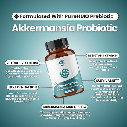 Layer Origin Akkermansia muciniphila Probiotic, The Only Akkermansia with PureHMO Prebiotic, Live, Validated Strain, 30-Day