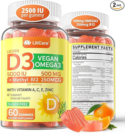 Sugar Free Vitamin D3 5000 IU Gummies + Methyl B12 Vitamins + Vegan Omega 3 Supplement, Organic Vitamin D Gummies for Women Men with Vitamin ACE & Zinc for Energy, Mood, Muscle & Immune Support