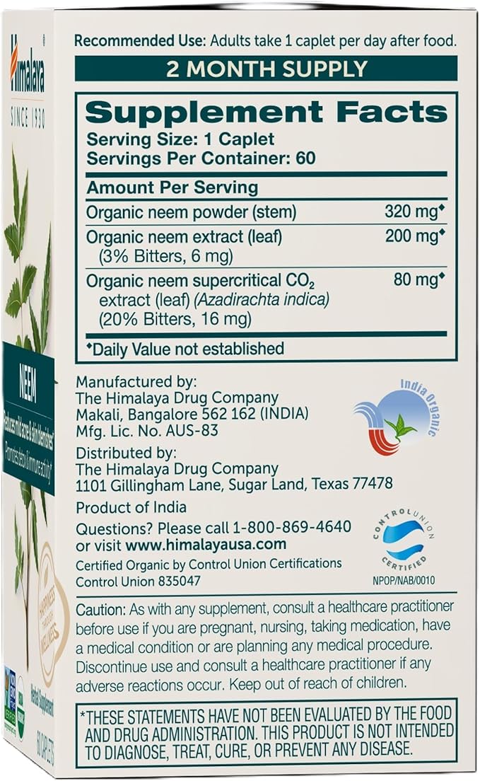 Himalaya Organic Neem Herbal Skin Supplement, Mild Acne Supplement, Clear Skin, Purifying, Ayurvedic, USDA Certified Organic, Non-GMO, Vegan, 600 mg, 60 Plant-Based Caplets, 60 Day Supply