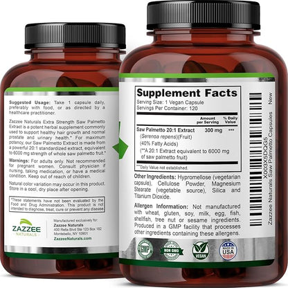 Zazzee Extra Strength Saw Palmetto 20:1 Extract, 6000 mg Strength, 40% Fatty Acids, 120 Vegan Capsules, 4 Month Supply, Concentrated and Standardized 20X Extract, Non-GMO, All-Natural, Made in the USA