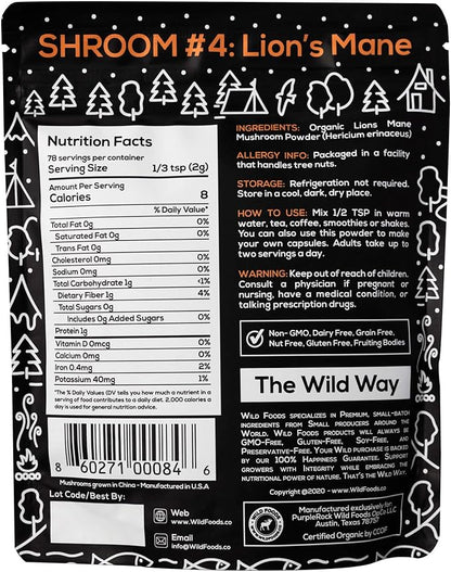 Wild Foods Lions Mane Powder Mushrooms Extract 10:1 | Organic Mushroom Powder | Adaptogenic Nootropic Herb for Brain Health, Memory and Focus (4 Ounce (Pack of 2))