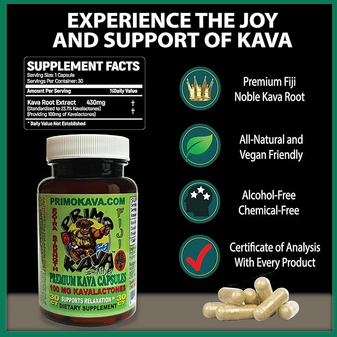 Kava Capsules | Authentic Kava Kava from Fiji | Fast Acting Kava Extract | 100mg of Kavalactones | Adaptogenic Experience | 30 Count