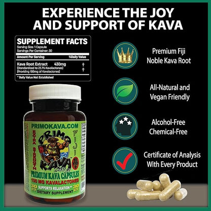 Kava Capsules | Authentic Kava Kava from Fiji | Fast Acting Kava Extract | 100mg of Kavalactones | Adaptogenic Experience | 30 Count