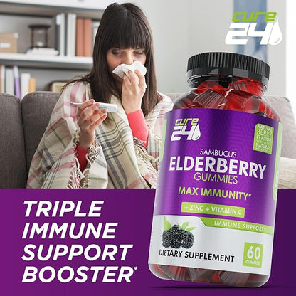 Sambucus Elderberry Gummies + Vitamin C + Zinc for Kids & Adults, X3 Immune Support, Natural Flavors + Ingredients, Vegan, Non-GMO, Made in USA (60)