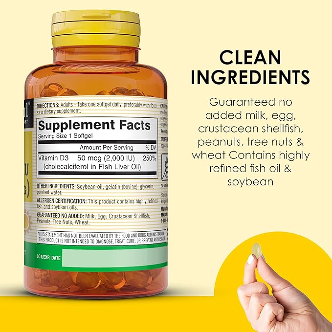 MASON NATURAL Vitamin D3 2,000 IU Ultra Strength, Supports Bone Density, Strength & Immune Health, 60 Softgels