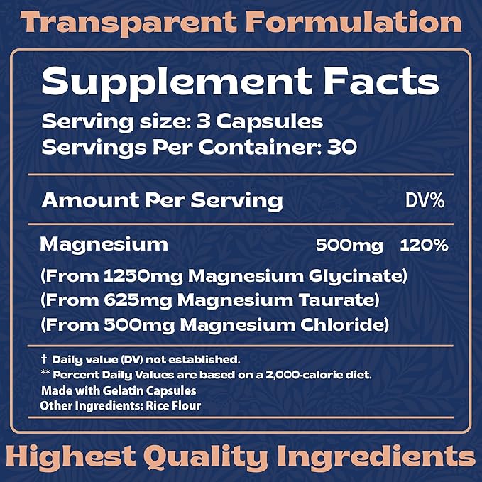 Triple Magnesium Complex 500mg from Magnesium Glycinate 1250mg, Magnesium Taurate 625mg, Magnesium Chloride 500mg - Premium, High Absorption Chelated Magnesium Supplement - 90 Capsules Made in USA