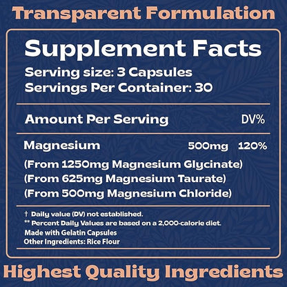 Triple Magnesium Complex 500mg from Magnesium Glycinate 1250mg, Magnesium Taurate 625mg, Magnesium Chloride 500mg - Premium, High Absorption Chelated Magnesium Supplement - 90 Capsules Made in USA