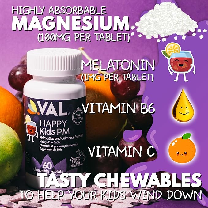 VAL Sugar-Free Calm Magnesium for Kids PM Chewable Tablets | Magnesium Glycinate, Citrate & Taurate | Melatonin & Vitamins B6 & C | Bedtime Support | Non-GMO | Blueberry Yogurt Flavor | 60 Count