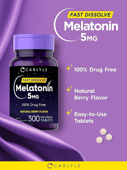 Carlyle Melatonin 5 mg Fast Dissolve 300 Tablets | Berry Flavor | Vegetarian, Non-GMO Supplement