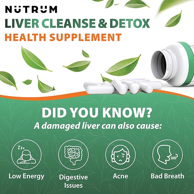 Liver Cleanse and Detox Health Support Supplement by Nutrum, Vegan Liver Formula, Natural Herbal Liver Renewal with Vitamin C, Milk Thistle, Support for Bad Breath, Acne, Low Energy, 60 Capsules