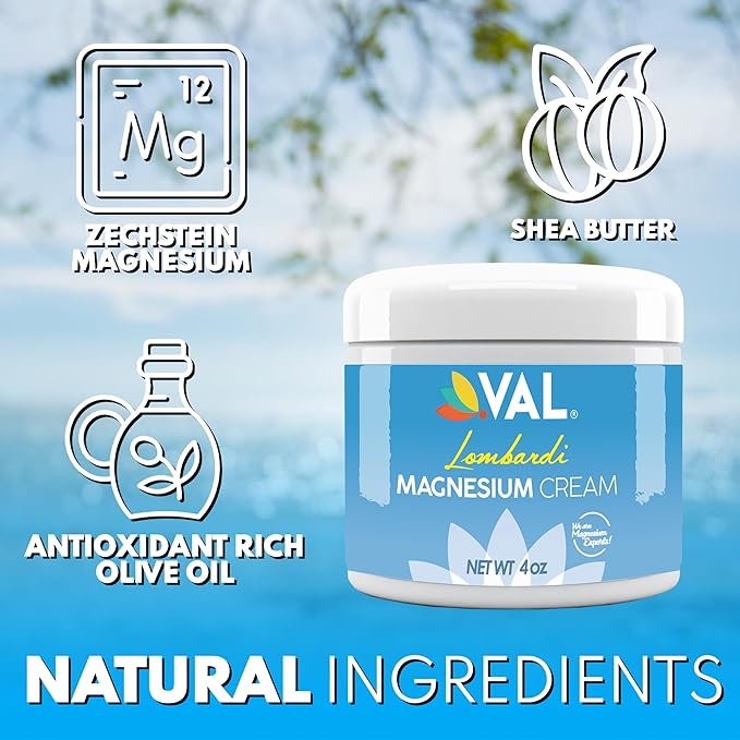 VAL Lombardi Magnesium Lotion | Nighttime Zechstein Magnesium Chloride Cream | Hydrating & Fast-Absorbing | Topical Magnesium for Feet, Legs, Arms & Chest | USA Made | 4oz