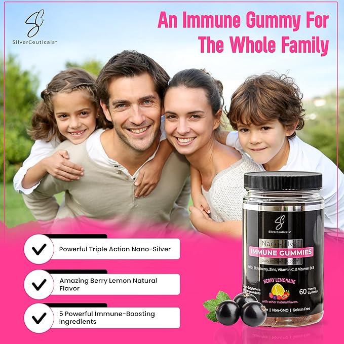 Immune Gummies - Sambucus Elderberry - Vitamin C & D - Zinc - Save Your Sick Days - Kids & Adults - Safe Ages 4 & Up - Nano Colloidal Silver - Gluten & Gelatin Free Non-GMO - Berry Lemonade - 60 Count