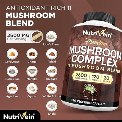 Nutrivein Premium Mushroom Supplement 2600 mg- Bottle 120 Capsules- 11 Nootropic Mushroom Complex - Lion's Mane, Cordyceps, Chaga, Reishi, Turkey Tail,Maitake,Shiitake, Agaricus, White Button, Oyster