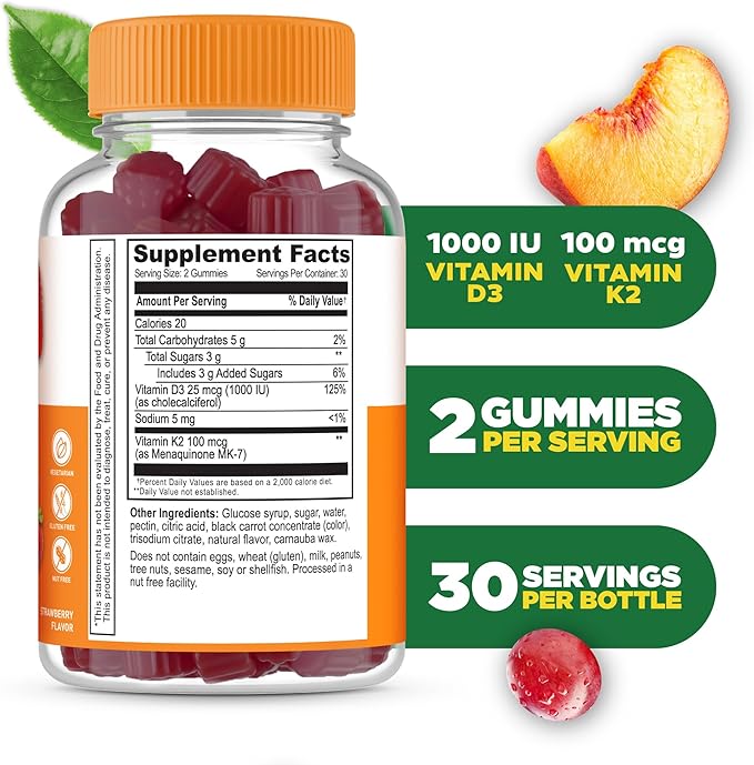 Lifeable Vitamin D3 K2 Gummies for Adults | 1000iu D3 and K2 100mcg | Great Tasting D3 and K2 Supplements | for Bone Health and Immunity | VIT D3 K2 for Adults, Men, and Women | 60 Gummies