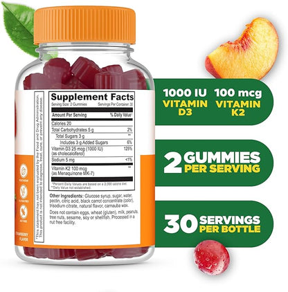 Lifeable Vitamin D3 K2 Gummies for Adults | 1000iu D3 and K2 100mcg | Great Tasting D3 and K2 Supplements | for Bone Health and Immunity | VIT D3 K2 for Adults, Men, and Women | 60 Gummies