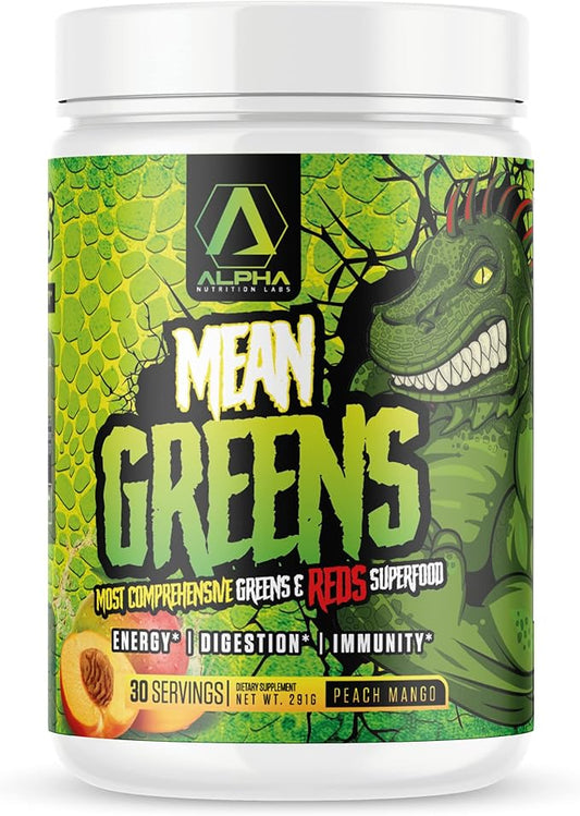 Mean Greens - Sports Greens + Reds Advanced Superfood Immunity and Gut Health | Cordyceps | Delicious Peach Mango Flavor - 30 Servings