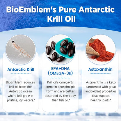 BioEmblem 3 Pack Antarctic Krill Oil 1000mg Softgels, Omega-3s Oil with High Levels of EPA + DHA, Astaxanthin, and Phospholipids, Supports Brain Health, 180-Count Non-GMO, Gluten Free, 90 Days Supply