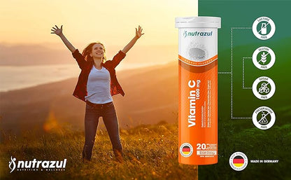 Nutrazul Vitamin C 1000mg Effervescent Tablets- Orange 20’s | 20 Days Supply | Gluten Free, Lactose Free, Sugar Free & Preservative Free | Maintains Immune Function