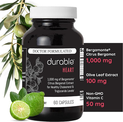 Durable Heart - Extra-Strength 1,000 mg Bergamonte Citrus Bergamot +Olive Leaf Extract +Non-GMO Vitamin C – Natural Heart Health Supplement – Made in The USA (1 Bottle)