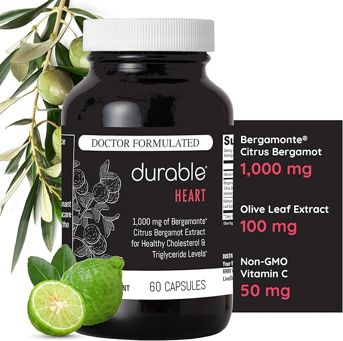 Durable Heart - Extra-Strength 1,000 mg Bergamonte Citrus Bergamot +Olive Leaf Extract +Non-GMO Vitamin C – Natural Heart Health Supplement – Made in The USA (1 Bottle)