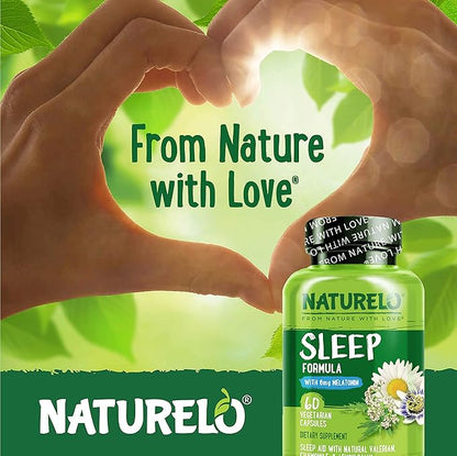 NATURELO Sleep Aid - with Melatonin, Magnesium, GABA, Valerian Root, Lemon Balm, Chamomile Herbal Extracts - Plant-Based Sleeping Aid - 60 Vegan Capsules