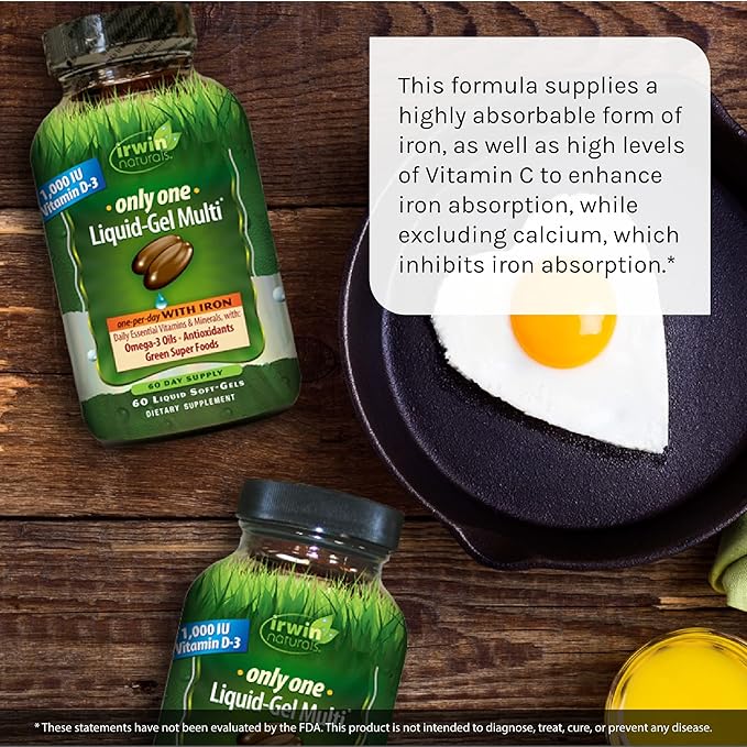 Irwin Naturals Only One Liquid-Gel Multi with Iron - 60 Liquid Soft-Gels, Pack of 2 - Omega-3 Oils, Antioxidants & Green Super Foods - 120 Total Servings