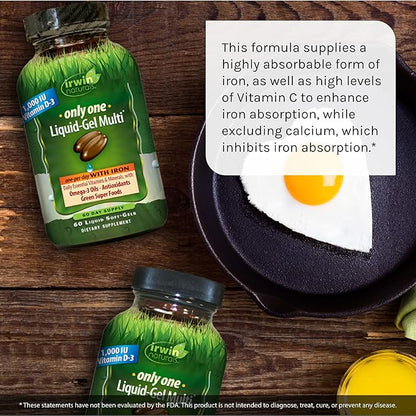 Irwin Naturals Only One Liquid-Gel Multi with Iron - 60 Liquid Soft-Gels, Pack of 2 - Omega-3 Oils, Antioxidants & Green Super Foods - 120 Total Servings
