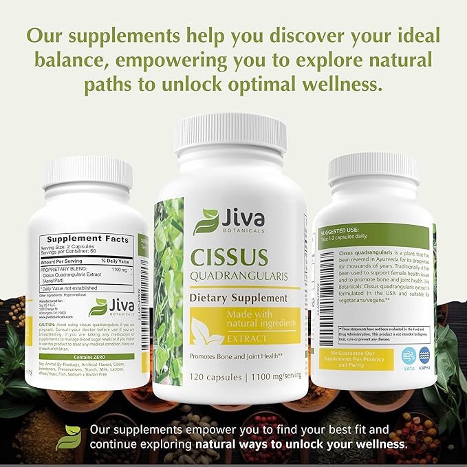 Jiva Botanicals Cissus Quadrangularis Capsules 550 mg - High Potency Cissus Powder Extract for Normal Bone Health & Normal Joint Support - Made in The USA - 120 Capsules