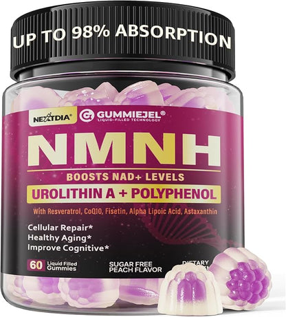 NAD+ Supplement for Women & Men, NMNH Gummies with Urolithin A, Polyphenol Complex, Resveratrol, Ultra Strength Optimized Aging, Cell Regeneration, Longevity, DNA Repair, Focus, Sugar Free, 60cts
