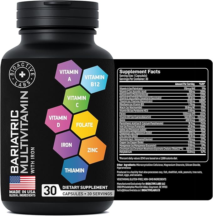 Bariatric Multivitamin with Iron for Women & Men - Post Gastric Bypass Vitamins and Gastric Sleeve Bariatric Iron Vitamin Multivitamins -Non-GMO, Gluten-Free -One a Day, 30 Capsules