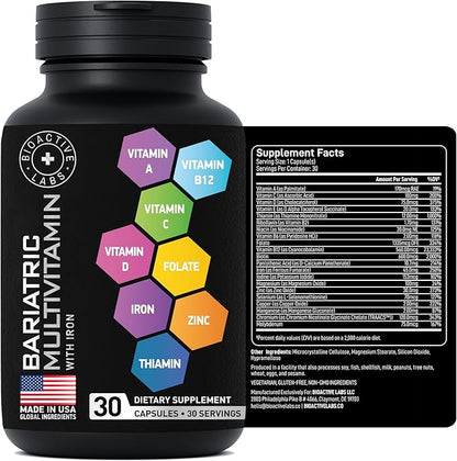 Bariatric Multivitamin with Iron for Women & Men - Post Gastric Bypass Vitamins and Gastric Sleeve Bariatric Iron Vitamin Multivitamins -Non-GMO, Gluten-Free -One a Day, 30 Capsules