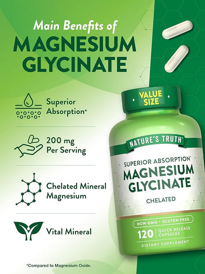 Nature's Truth Magnesium Glycinate 200mg | 120 Capsules | High Absorption Chelated Magnesium | Non-GMO & Gluten Free Mineral Supplement