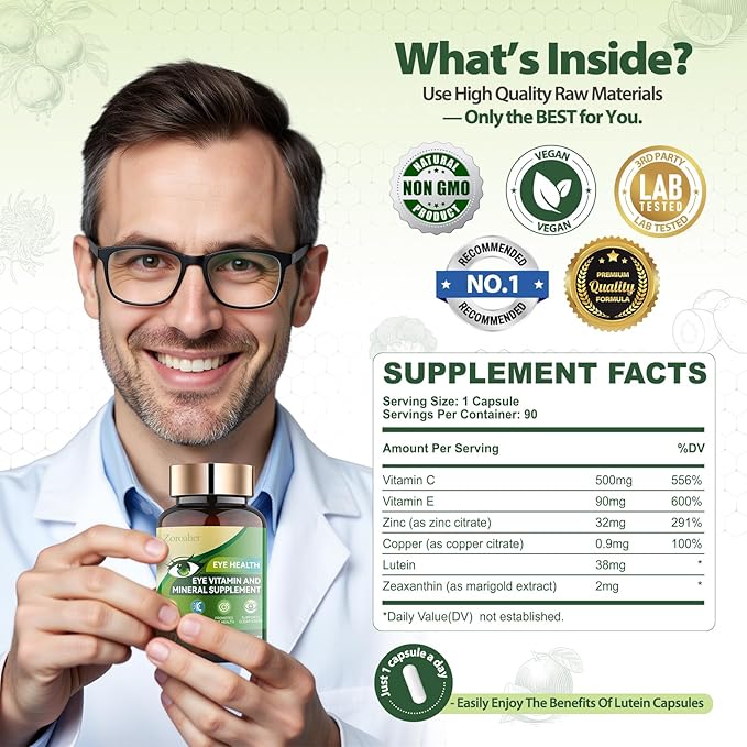 Advanced Eye Vitamins and Mineral Supplement with Lutein & Zeaxanthin + Zinc, Vitamin C & E - Supports Vision, Macular Health & Eye Health - 2 * 90 Count