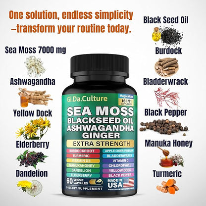 Sea Moss and Shilajit Bundle - Shilajit and Sea Moss Combo with Ashwagandha Black Seed Oil Turmeric Bladderwrack Burdock Root Black Pepper with Vitamins and Antioxidants - 60 Day Supply
