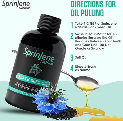 SprinJene Natural® 100% Pure Organic Black Seed Oil Cold Pressed for Oral Wellness, Nigella Sativa Black Seed Oil, Black Cumin Seed Oil Organic, Omega 3 6 9, Nourishes Skin, Supports Joint, 3.5 fl oz