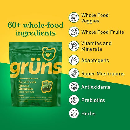 Gruns Adults Super Greens Gummies, Superfood Gummy Bears with Spirulina, Chlorella, Prebiotics & Fiber for Digestive Health, Adaptogens Supplement with 20 Vitamins & Minerals, Low Sugar, 28 Packets