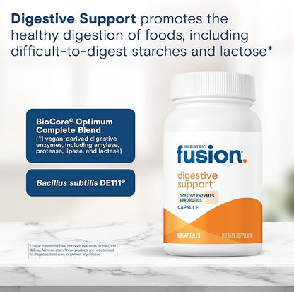 Bariatric Fusion Digestive Support: Digestive Enzymes with Probiotics | Vegan Supplement | Probiotics for Digestive Health and Gut Health Support | Gluten, Dairy & GMO Free | 60 Capsules