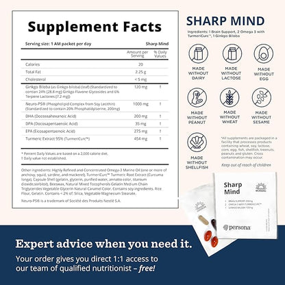 Persona Nutrition Sharp Mind Vitamin Pack for Mental Clarity & Focus (28 Pack) – Includes Ginkgo Biloba, Omega 3 with Turmeric & Brain Support Blend